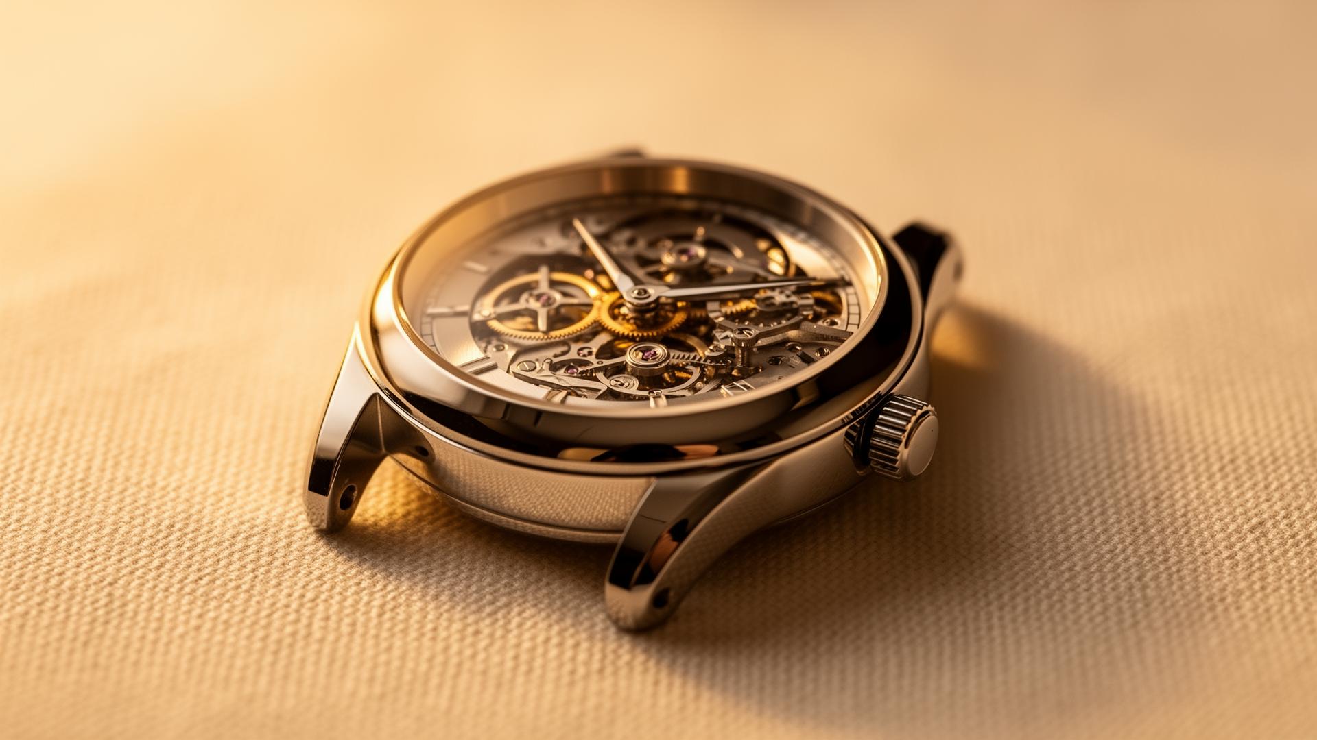 Detail of a finely finished mechanical timepiece, representative of the caliber of watches Horizon Watch sources